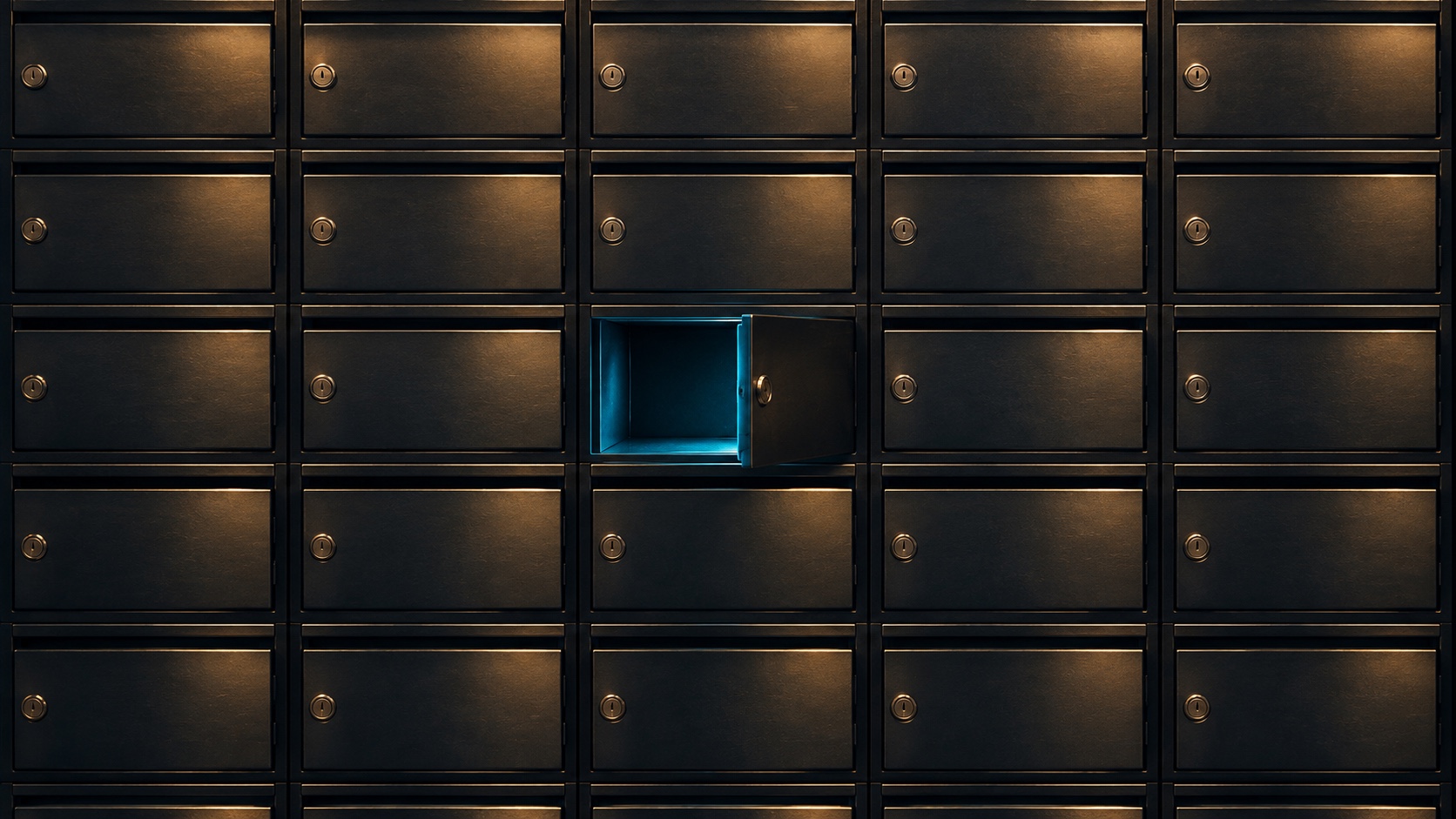 A frontal grid of dark mailboxes, all closed and warm-lit, with one ajar and glowing cyan